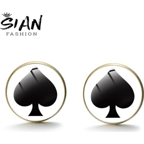 SIAN Poker Spades Q Earrings Glass Convex Surface Prints Fashion Metal Stud Earring Trendy for Women or Man Jewelry Accessories