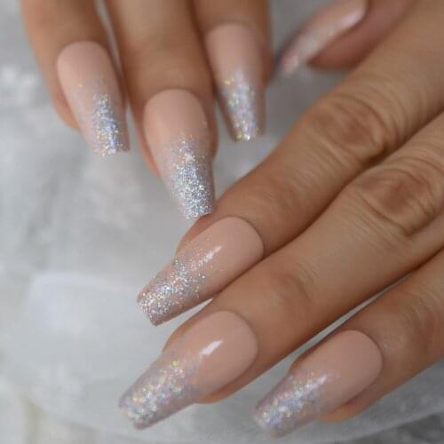 Glitter Coffin Fale Nail Sparkling Nude Medium Daily Tapered Full Cover Nail Art Tips French Artificial Nail