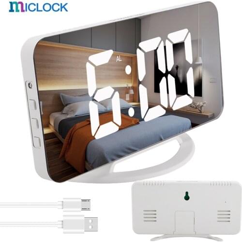 AKABELL Digital Alarm Clock 7" Large LED Mirror Electronic Clocks with Touch Snooze Dual USB Charge Desk Wall Modern Clocks