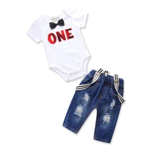 Toddler Baby Boy Girl 2Pcs Set Letters Ties Romper Jumpsuit + Braces Denim Pants Size 0-3T