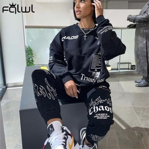 FQLWL Letter Print Loose 2 Two Piece Set Women Outfit Streetwear Tracksuit Oversized Sweatshirt Joggers Women Pants Matching Set