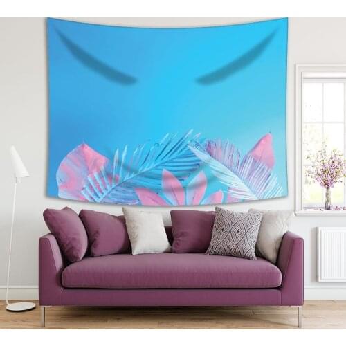Tapestry Tropical Palm Leaves Against Clear Sky Gradient Holographic Neon Colors Hot Summer Day View Blue Pink