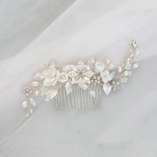 Floralbride Handmade Freshwater Pearls Ceram Flower Bridal Hair Comb Wedding Headdress Hair Accessory Bridesmaids Women Jewelry