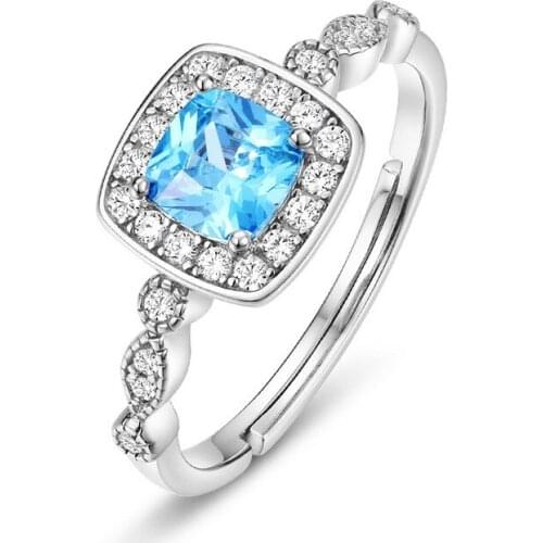 Anomokay Classic Lake Blue Zircon Geometric Adjustable Ring Fashion Jewelry Gift Real 925 Sterling Silver Resizable Wedding Ring
