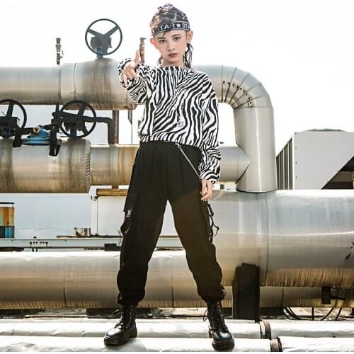 Jazz Dance Costumes Kids Show Street Dance Practice Wear Cool Girls Hip Hop Rave Stage Performance Clothing Zebra Suit PP024