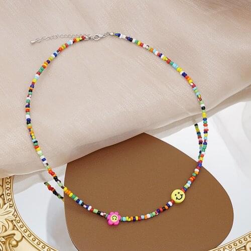 Minar 2021 New Arrival Rainbow Beaded Choker Necklace for Women Bohemia Smile Face Flower Pendant Necklaces Korean Beach Jewelry