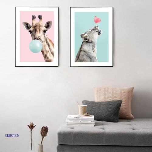 Bear Giraffe Panda with Bubble Poster and Prints Cute Unframed Canvas Painting Wall Picture for Kids Room Nursery