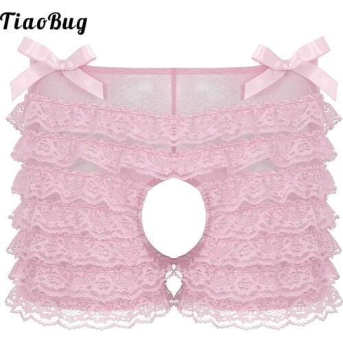 TiaoBug Mens Sissy Floral Lace Lingerie Mid Rise Open Crotch Super Frilly Ruffled Layered Lace Briefs Underwear Panties