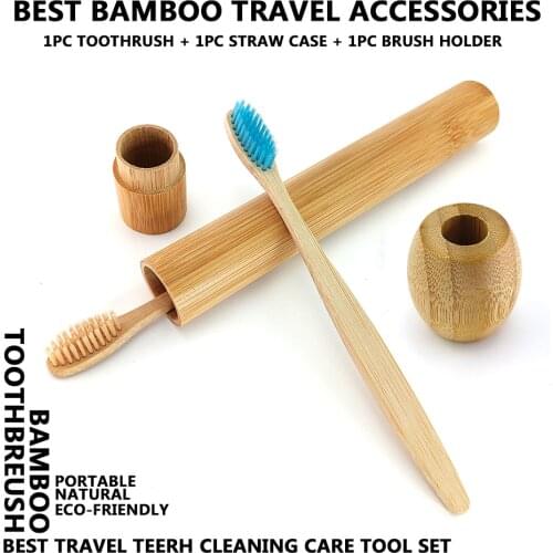 Portable Bamboo Toothbrush Set Travel with Bamboo Straw Case Brush Tube and Wooden Toothbrush Holder Natural Teeth Cleaning Tool