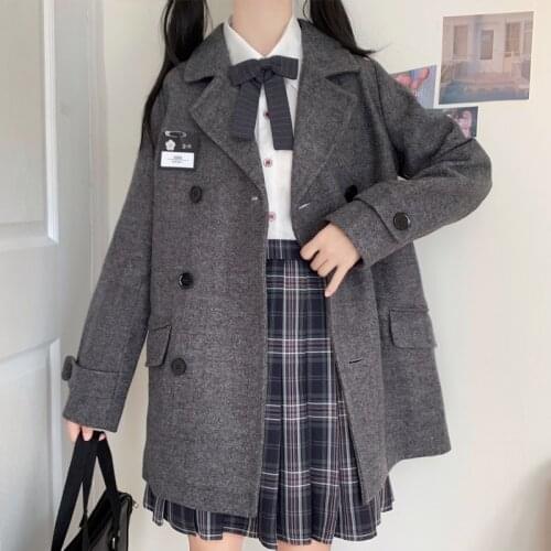Japanese JK Woolen Coat Women Winter New College Style Suit Collar Double Breasted Solid Midi Suit Overcoat Korea Loli JK Jacket