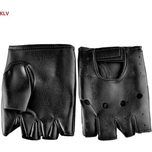 KLV Men Faux Leather Slip-Resistant Half Finger Fingerless Gloves Hand Wrist Mittens