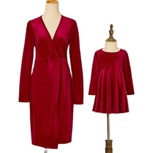 PopReal Spring Autumn Fashion Solid V-neck Family Matching Outfits Mom And Daughter Dress Mother Kids Parent-Child Outfi