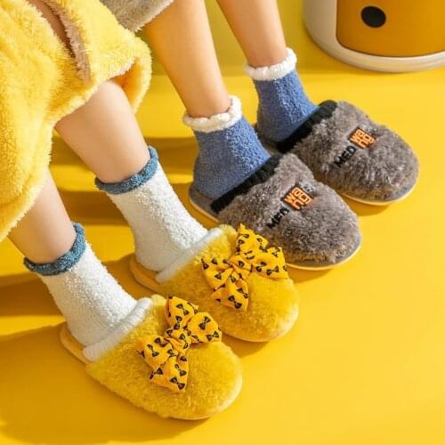 Women Men Winter Warm Slippers Cute Bow Furry Thick Soled Cotton Shoes Home Indoor Couple Boys Girls Non-slip Faux Fur Slides