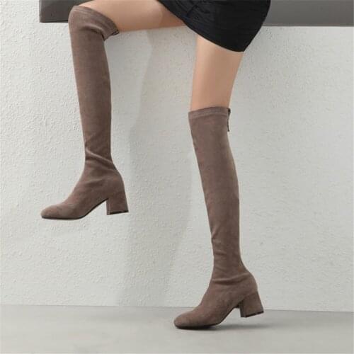 High Quality stovepipe over-the-knee women riding boots thick heel flock Round toe winter booties mujer chaussures Thigh Boots