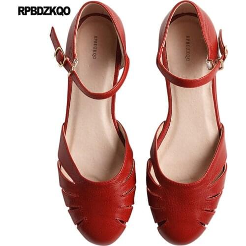 Chinese Wedding Shoes Red Women Size 33 Designer Round Toe Chic 2018 Vintage Japanese School China Genuine Leather Sandals 34