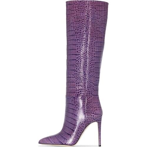 New Womens Long Boots Snakeskin Leather Pointed Toe Thin Heels Knee-high Boots Sexy Shoes Woman Botas Mujer Pure Purple Botas