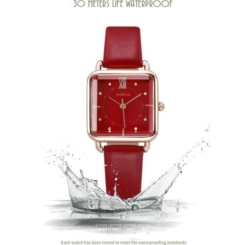 NEKTOM New Square Rhinestone Red Leather Band Womens Watches Fashion Elegant Dress Waterproof Ladies Wristwatch