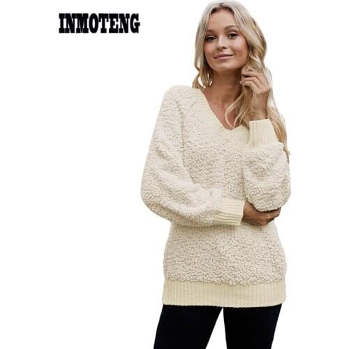INMOTENG Brown/Apricot/Yellow Ribbed V Neckline Popcorn Knit Sweater Women Autumn Winter Long Sleeve Casual Sweater Top S-XL