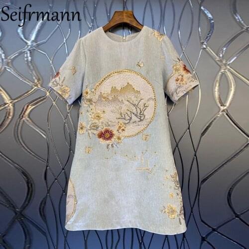 Seifrmann New 2021 Autumn Women Fashion Runway Party A-Line Dress Short Sleeve Gorgeous Crystal Loose Short Dresses Vestidos
