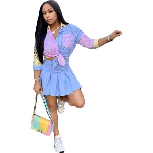 2 Piece Women Skirt Matching Set Blue Striped Patchwork Three-quarter Sleeve Shirt Solid Color Short Skirt Outfit Two-piece Suit