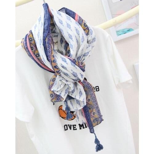 2016 Spring Women Geometry Pattern Cotton Linen Tassel Scarf 5Colors 10pcs/lot