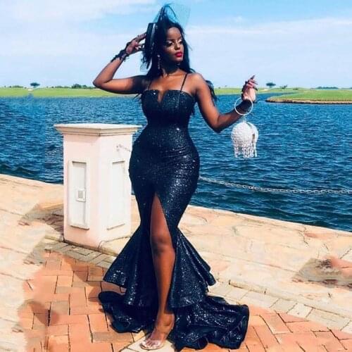 2020 Sexy Navy Blue Summer Prom Dresses Split Side Backless Sequined Long Evening Gowns Plus Size Bridesmaid Dress