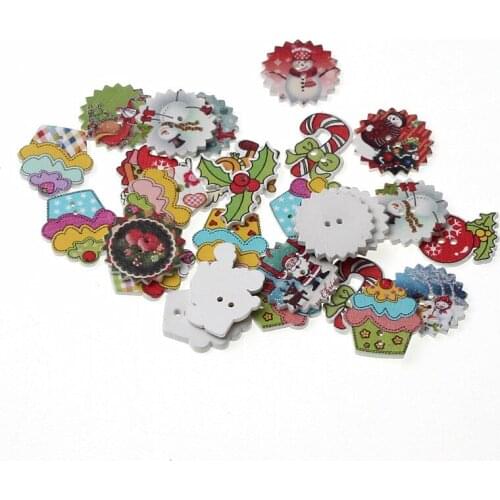 50pcs Random Mixed Wooden Buttons Christmas Pattern Scrapbooking Sewing Decorative Buttons For Clothing Decoration