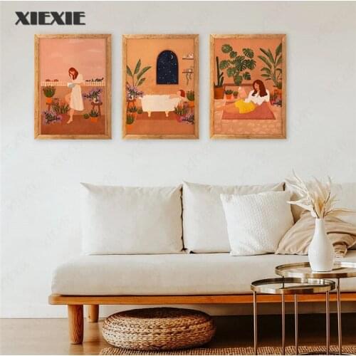 Abstract Burnt Orange Wall Art Canvas Painting Terracotta Botanical Minimalist Plant Lady In Bath Posters Prints Home Decoration