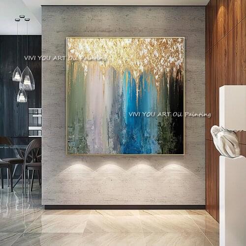 Abstract Blue Gold Handmade Oil Painting on Canvas Scandinavian Posters Cuadros Modern Wall Art Pictures For Living Room Decor