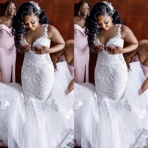 White Lace Wedding Dress Mermaid Plus Size Floral Appliques Spaghetti Straps Sleeveless 2022 African Bridal Gowns Robe De Marria