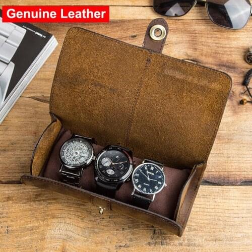 Genuine Leather Watch Roll Travel Case Portable Vintage Leather Display Watch Storage Box for 3 Slots Watches Pouch Bag Cover