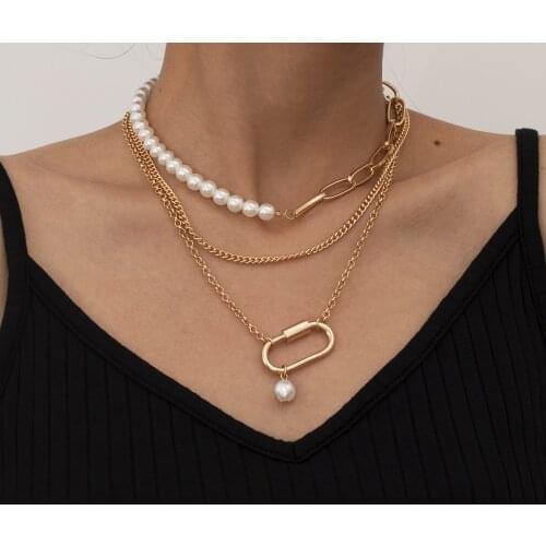 European and American retro jewelry with temperament hollow personality simple asymmetric imitation pearl square women necklace