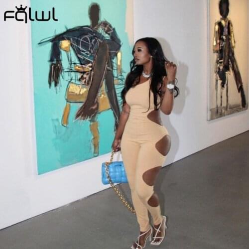 FQLWL Summer Streetwear Bodycon Jumpsuit Women One Shoulder Sleeveless Jumpsuits One Piece Outfits Hollow Out Casual Jumpsuits