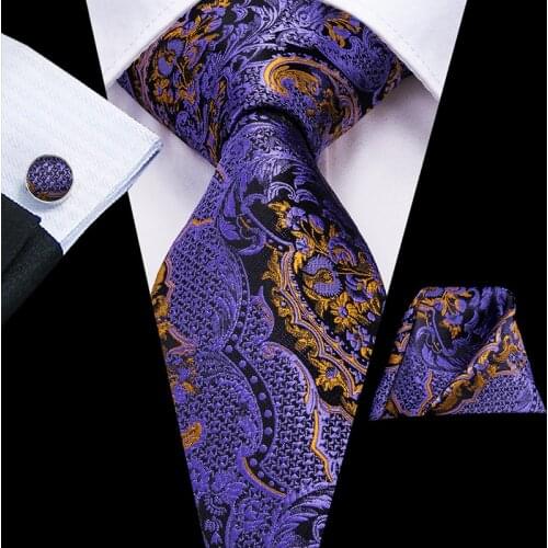 Hi-Tie Silk Mens Purple Tie Luxury Paisley NeckTie Hanky Cufflink Set The New Wedding Party Fashion Business Ties For Men