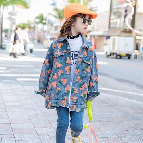 Starwberry Print Denim Jacket for Girls Kids Autumn Outwear Cute Girl Jacket Student Performance Clothing Spring Kids Jackets