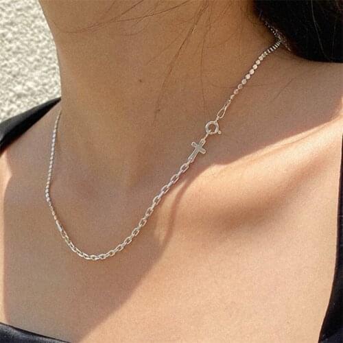 Lispector 925 Sterling Silver Korean Cross Pendant Choker Necklaces for Women Sequins O Shape Chain Necklace Female Jewelry