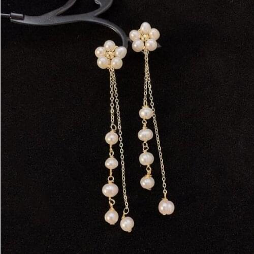 Favorite Pearl Store Pearl Earrings New Classic White Real Pearls Flower Longer Silver Stud Earring Handmade Jewelry Women Gift