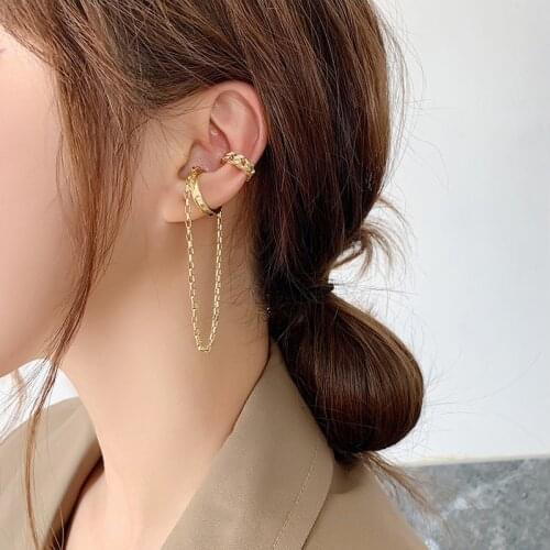 Minimalist Retro Gold Color Linked Chain Earrings for Women Mujer Brass Twisted Long Tassel Open Wide Clip Earrings Pendientes