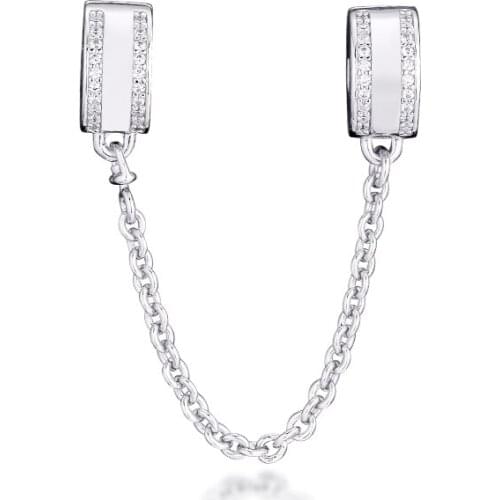 Genuine 925 Sterling Silver Clear CZ Insignia Clip Safety Chain Charms Beads for Jewelry Making Fit Original Bracelet Berloques