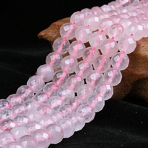 Natural Round Rose Quartz Milky Pink 64cut Faceted Gemstone Loose Beads For Necklace Bracelet DIY Jewelry Making 15inch Strand