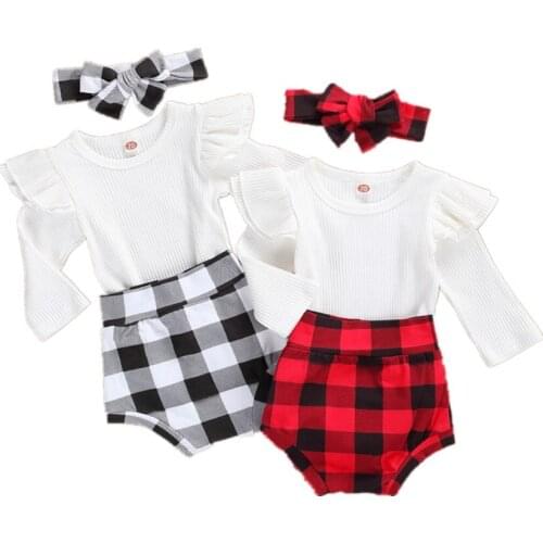 Citgeett Autumn Baby Girls Ribbed Knitted Clothes Sets Ruffles Casual Long Sleeve Romper Tops+Plaid Shorts+Headband Outfits Set