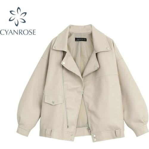 Autumn Faux Leather Jacket Short Coats For Women 2020 Loose Turndown Collar Streetwear Zipper Pu Motorcycle Overcoat Female