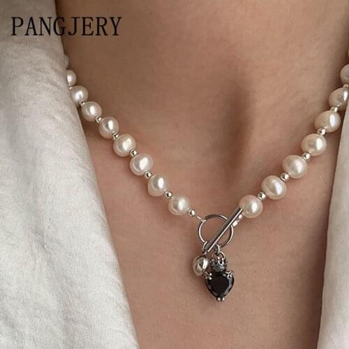 PANGJERY 925 Sterling Silver Pearl Pendant Necklaces for Women INS Fashion Elegant Simple LOVE Heart Party Fine Jewelry Gifts