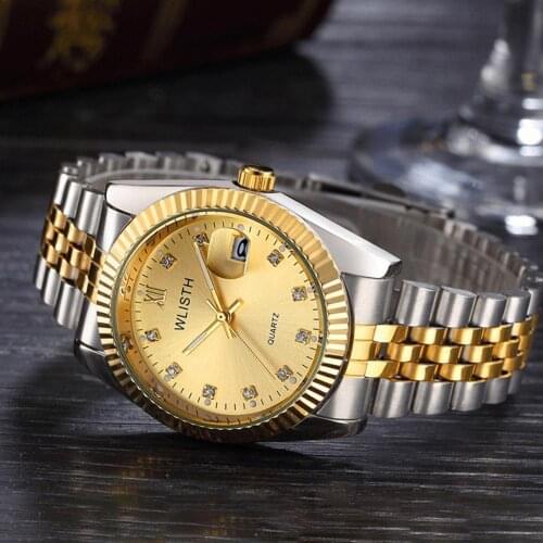 Couple Watch Diamond Womens Watch Luxury Gold LadyLover Stainless Steel Quartz Waterproof Wristwatches for Men Analog Auto Date