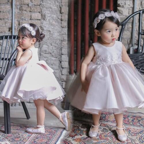 Newborn Baby Dresses Beads Lace Baptism Clothes Bow Kids Infant Girl First Year Birthday Princess Wedding Toddler Party Costume