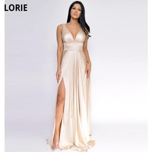 LORIE Deep V-Neck Porm Dresses 2021 Simple A-Line Satin Floor-Length Vestido Da Dama De Honra Formal Party Gowns Side Split