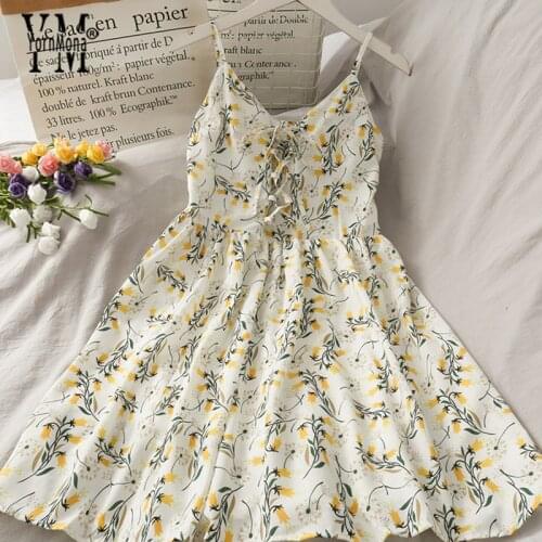 YornMona Women Beach Dress Sleeveless Floral Print V Neck Strappy Summer Dresses Casual Sundress Backless Short Dress Vestidos