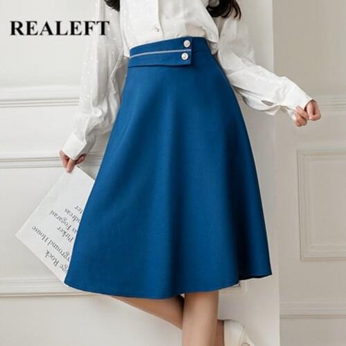 REALEFT Spring Autumn 2021 New Elegant Womens A-Line Skater Skirts Solid High Waist Buttons Office Ladies Casual Midi Skirts