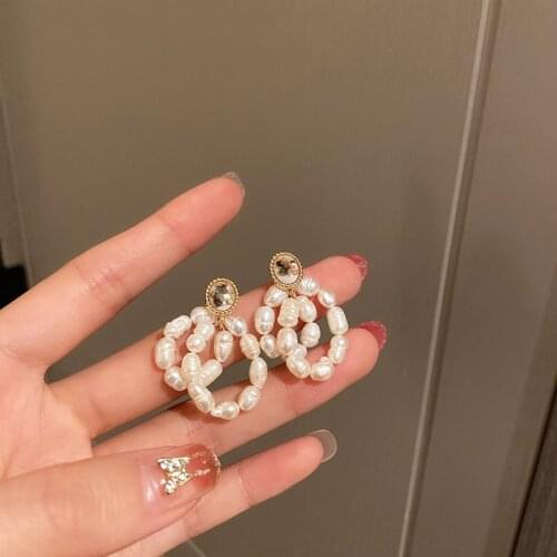 Origin Summer Classic Irregular Real Pearl Beaded Pendant Earring for Women Double-layer Geometric Circle Earring Accessories