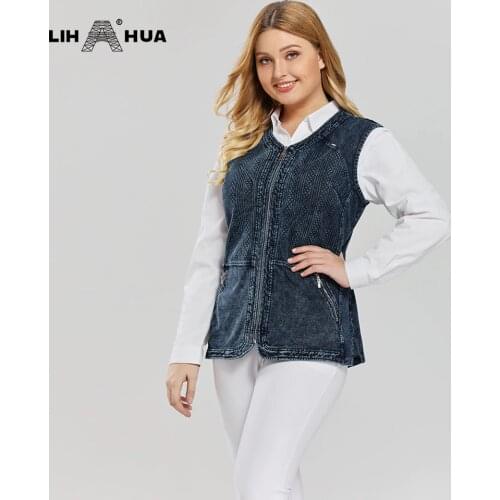 LIH HUA Womens Plus Size Casual Denim Vest stockinet high flexibility Casual jeans Vest Knitted Denim OL Style